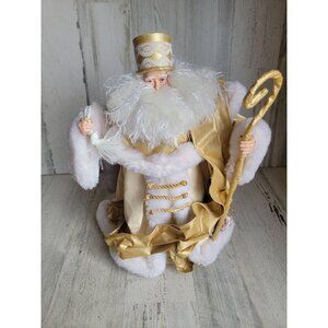Vintage gold white santa claus tree topper robe cane Xmas home decor